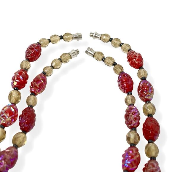 Beaded Necklaces Pair Molded Plastic Translucent Red Shimmer AB Shades Gold Tone - Picture 9 of 11